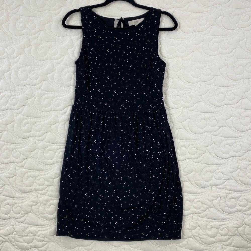 LOFT Sleeveless Mini Dress Black Speckled Print Gathered Waist Stretchy Size XS